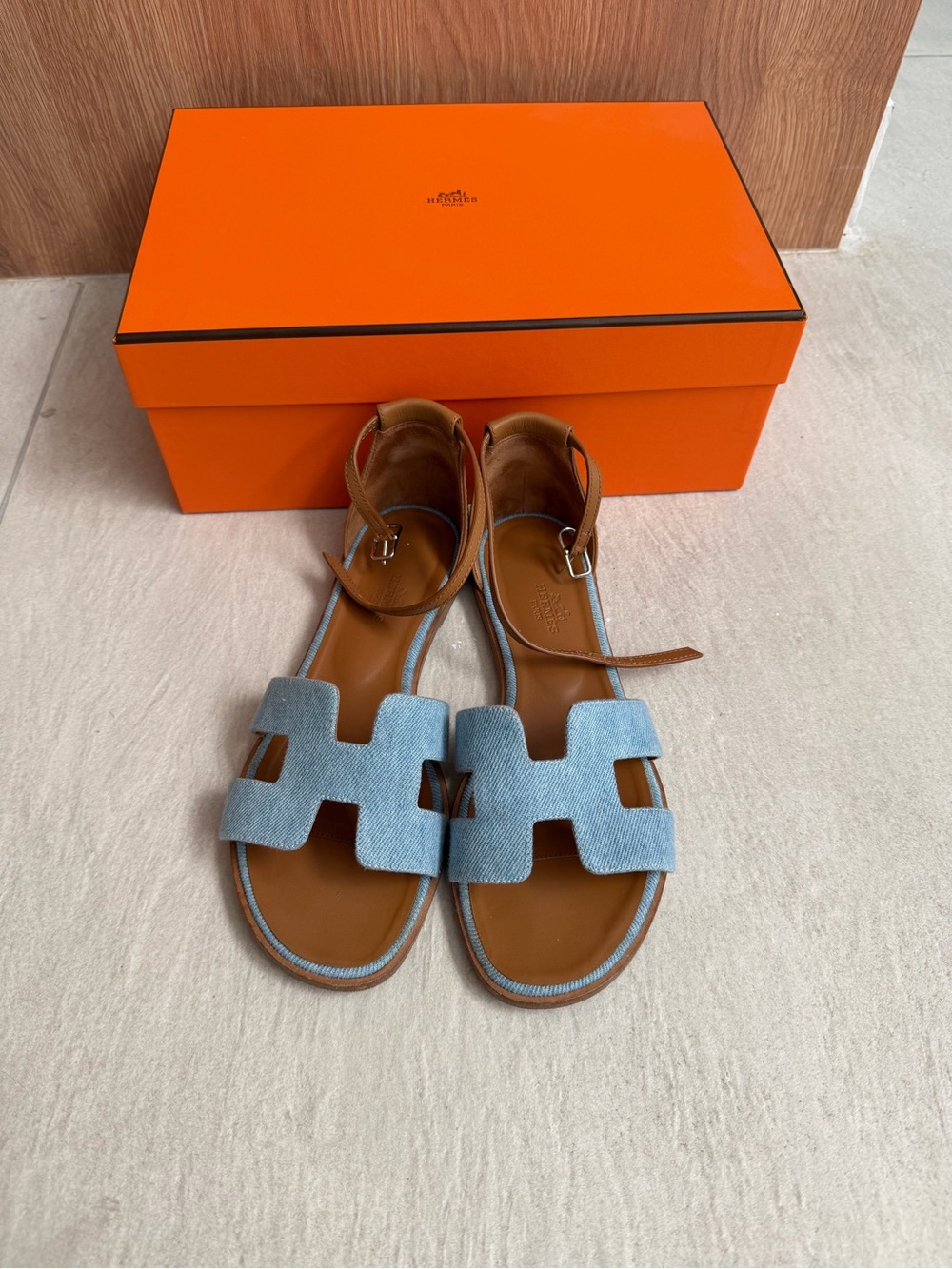 HERMES Santorini Sandals Denim Bleu Clair/Gold EUR Size 37.5